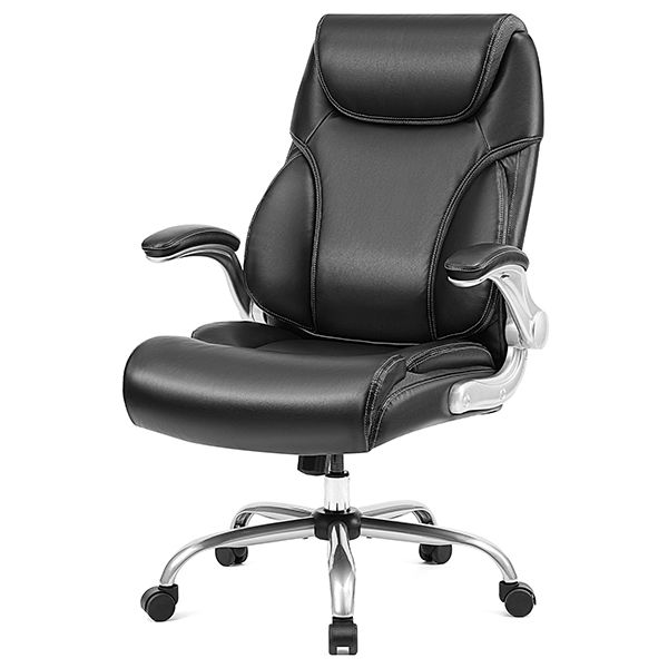 OUTFINE Flip-up Arms 500 lbs Load Capacity Leather Executive Chair Adjustable Tilt Angles Swivel Office Chair with Thick Padding and Ergonomic Design for Lumbar Support (Black, Extra Large)