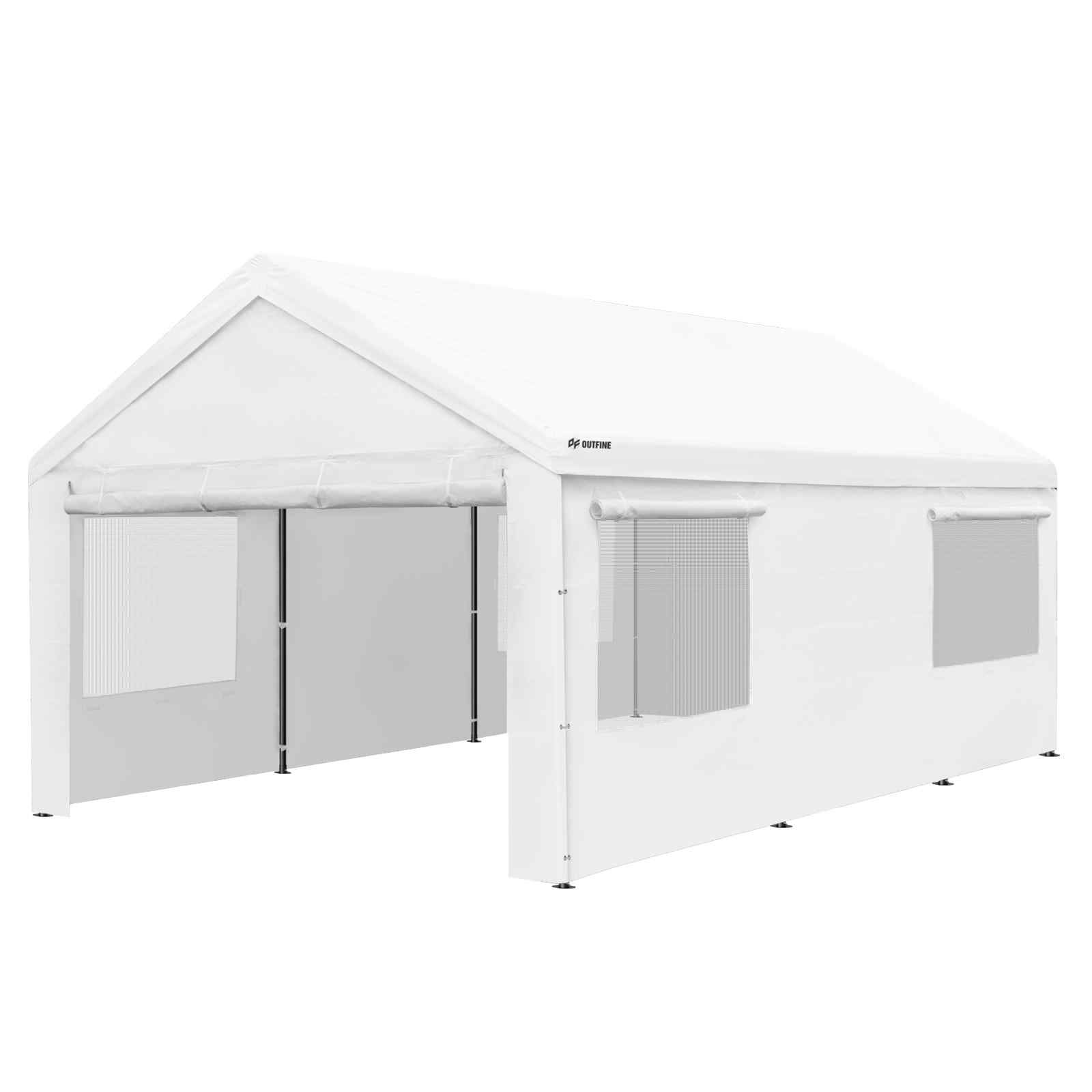 OUTFINE Carport Canopy 12x20 FT Heavy Duty Boat Car Canopy Garage with Removable Sidewalls and Roll-up Ventilated Windows, Tent Stakes x 12, Windproof Ropes x 4, Sandbags x 4 (White)