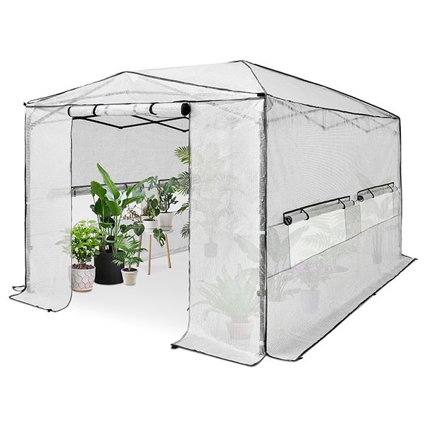 OUTFINE 8'x12' Portable Greenhouse Pop-up Greenhouse Indoor Outdoor Plant Gardening Canopy, 2 Roll-Up Zipper Doors and 4 Side Windows，White