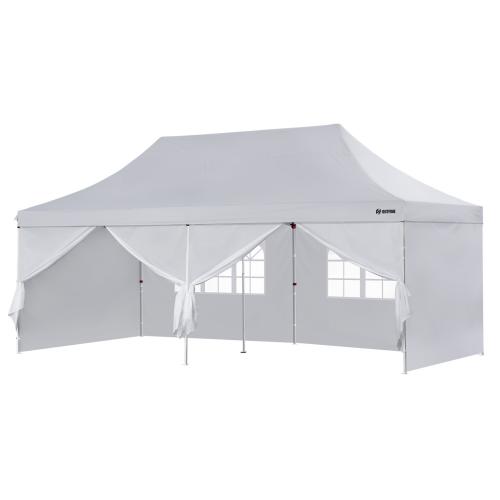 OUTFINE Heavy Duty Canopy 10'X20' Pop Up Canopy Gazebo Commercial Tent with 6 Removable Sidewalls, Stakes X13, Ropes X6 for Patio Outdoor Party Events White