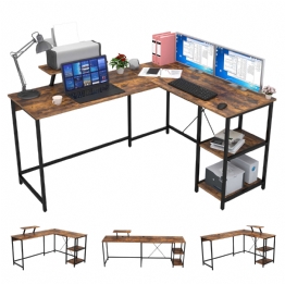OUTFINE L Shaped Desk Corner Desk Double Computer Desk Home Office Gaming Workstation with Storage Shelves and Monitor Stand (Rustic Browm, 59'')