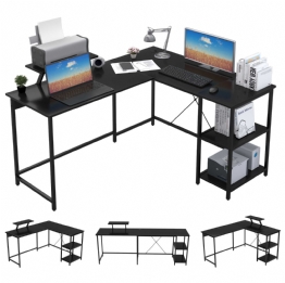 OUTFINE L Shaped Desk Corner Desk Double Computer Desk Home Office Gaming Workstation with Storage Shelves and Monitor Stand (Black, 55'')